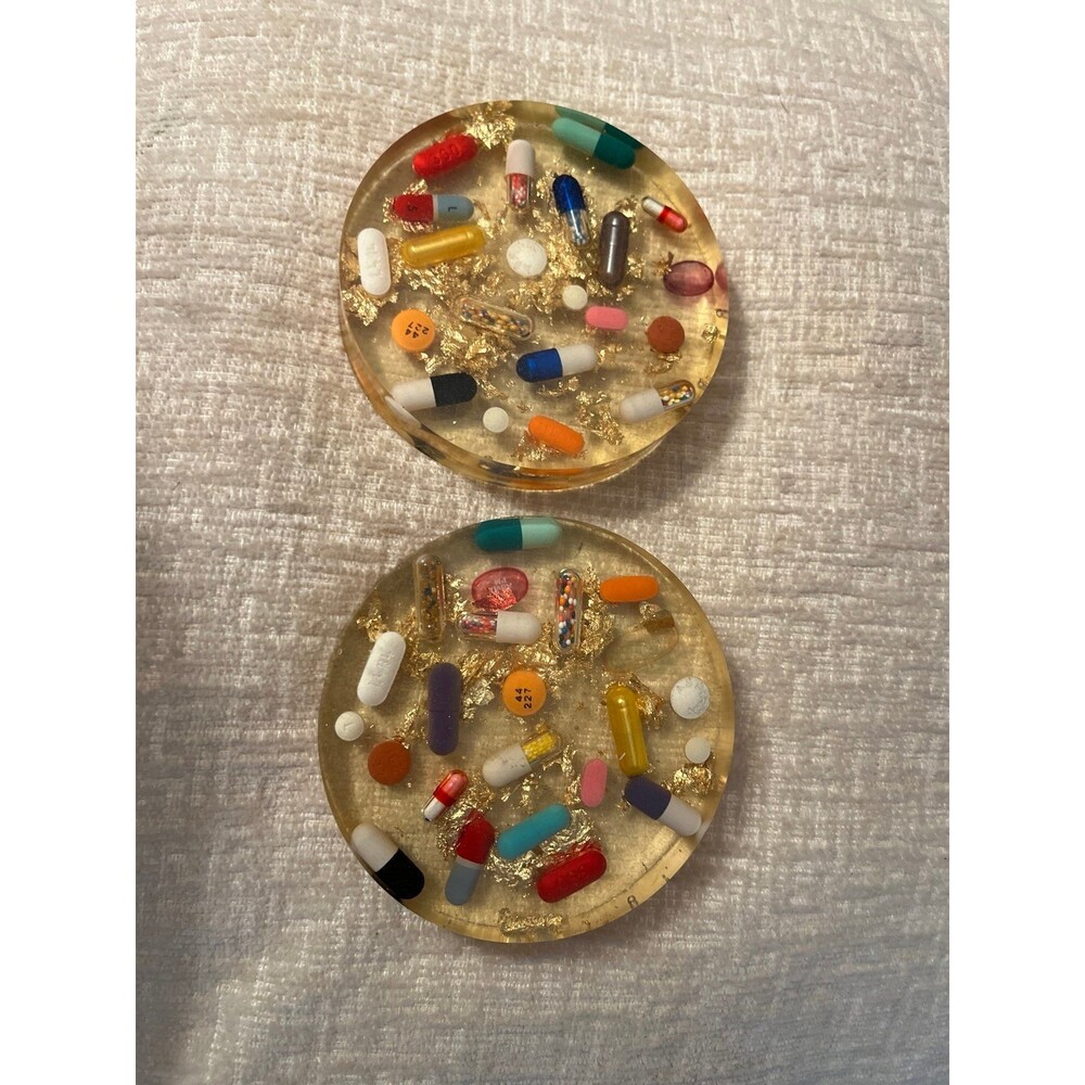 Vintage Clear Lucite Fun Pill & Gold leaf Drinks Coasters Great Gift Barware